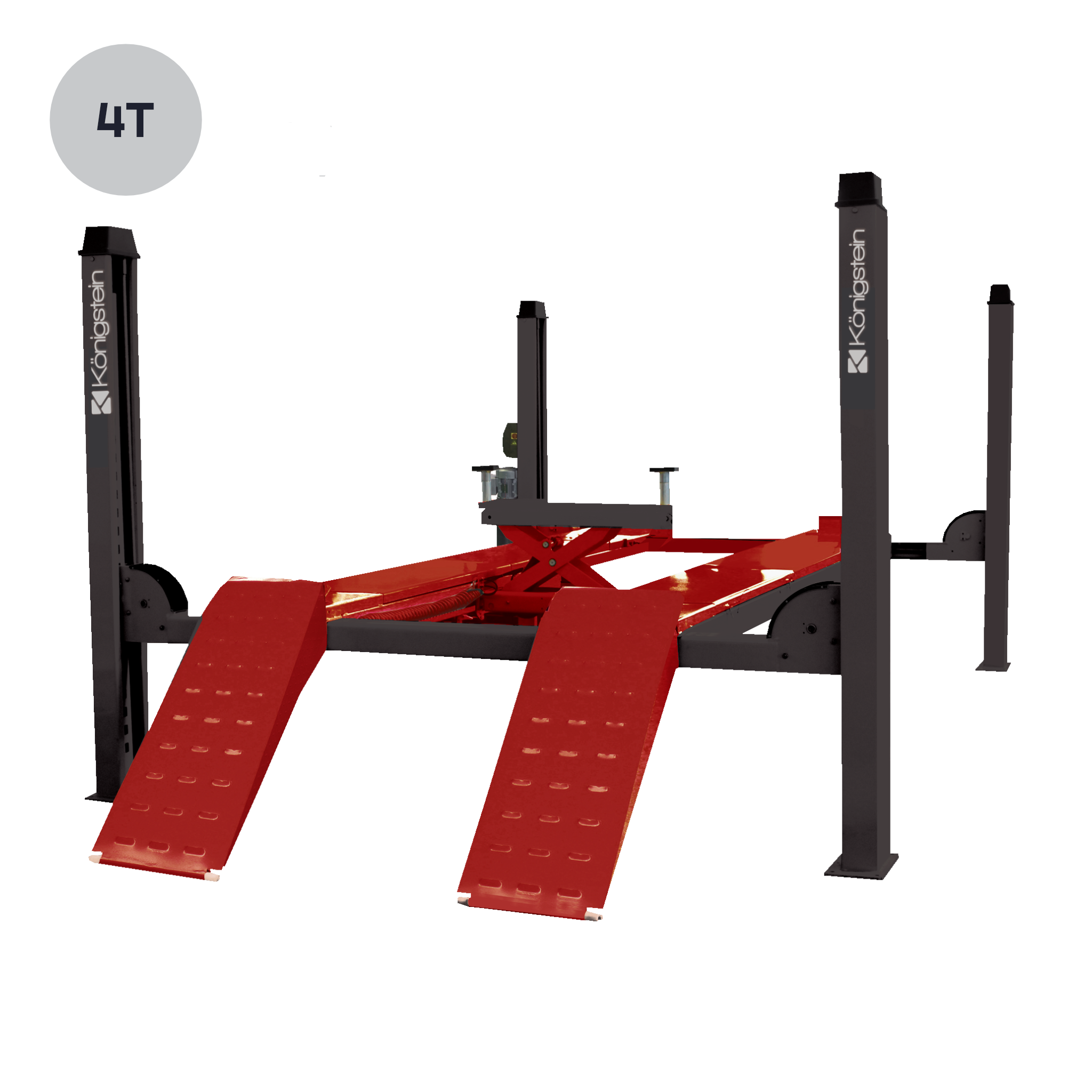 Pont 4 colonnes 4 Tonnes géométrie - PASSERELLES ÉQUIPÉES POUR L'ALIGNEMENT (TROU POUR LES PLATEAUX) ET ROUES LIBRES ARRIÈRE - Königstein KN3440A