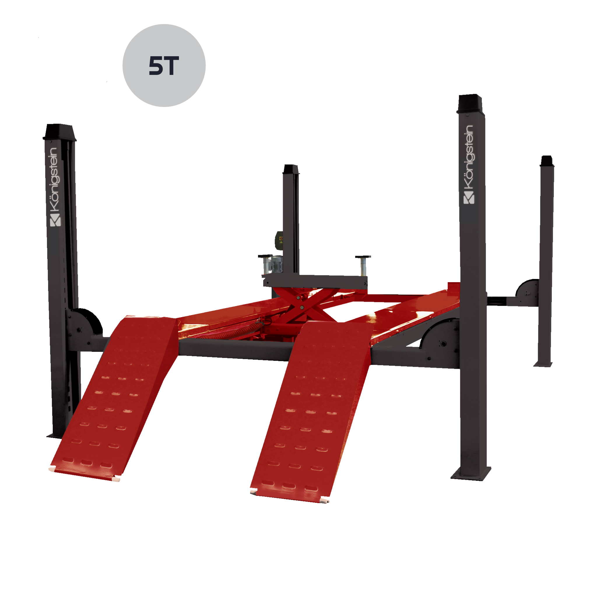 Pont 4 colonnes 5 Tonnes Géométrie - PASSERELLES ÉQUIPÉES POUR L'ALIGNEMENT (Espace pour plateaux) ET ROUES LIBRES ARRIÈRE - Königstein KN3450A