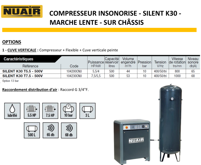 Compresseur à piston INSONORISE NUAIR A MARCHE LENTE + Cuve 500L GARANTIE 2 ANS – Image 7