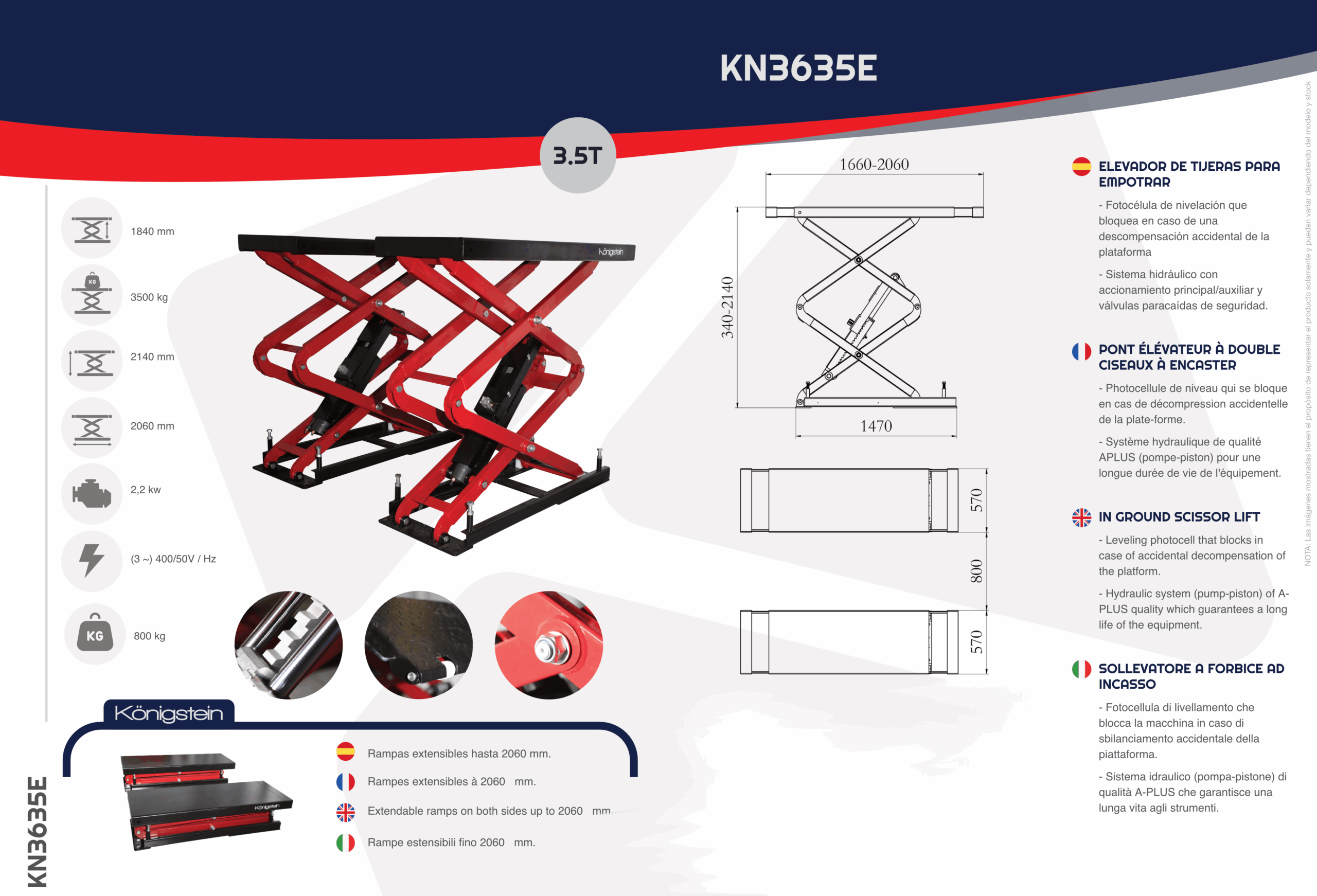 PONT ÉLÉVATEUR À DOUBLE CISEAUX - À encastrer - 3.5T - hauteur 2,14m - Königstein KN3635E – Image 4