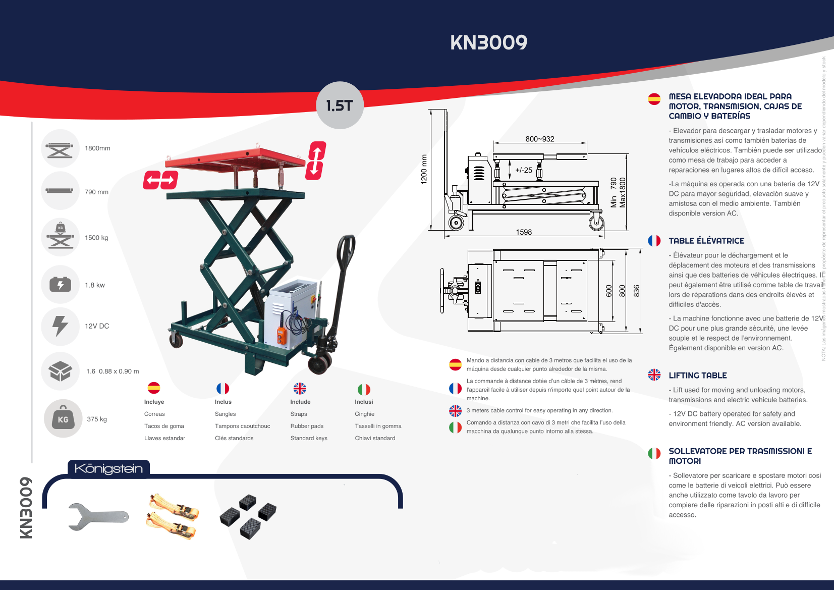 Élévateur pour déchargement, déplacement des moteurs, des transmissions & des batteries de véhicules électriques - 1,5T - Königstein KN3009 – Image 4